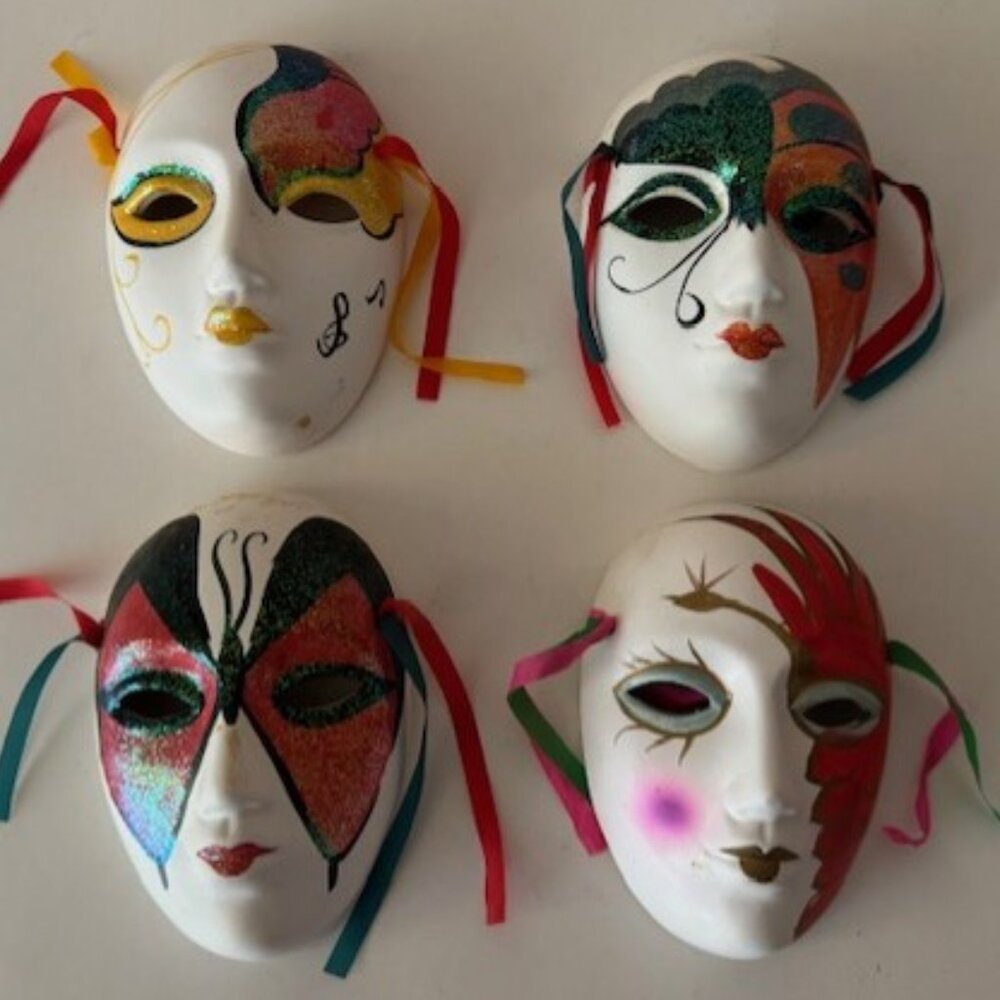 Set of 4 ceramic Mardi gras masquerade style masks. Wall hanging art. Vintage